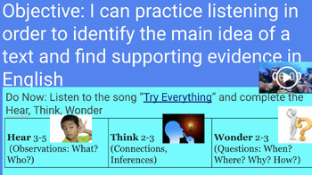 Preview of Week 2: "Try Everything" Hear-Think-Wonder Song Analysis Slides