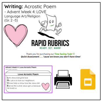 Preview of Week 4 Love ADVENT Acrostic Poem - Time Saving Task - Ontario - Rapid Rubrics