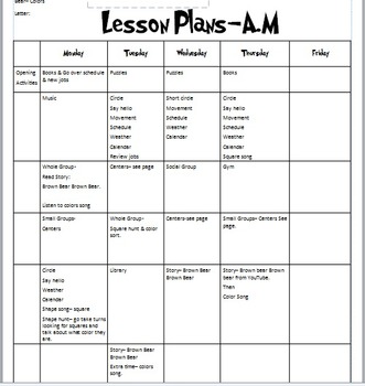 Preview of Week of Lesson Plans for Brown Bear, colors & squares.