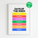 Weekdays, Kids calendar poster, Childrens room decor, Colo