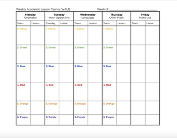 Preview of Weekly Academic Lesson Teams (Planning Document)