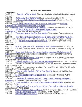 Preview of Weekly Articles for staff for 5 academic years (editable resource with links)