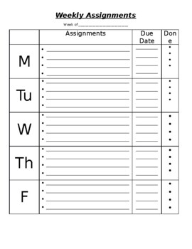 Weekly Assignment Sheet by Adrienne Pandy | TPT