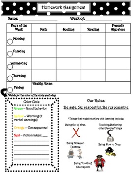 Preview of Weekly Assignment Sheet/Behaior Chart (pirate themed)