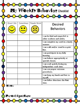 Weekly Behavior Checklist by Room 6 Creations | Teachers Pay Teachers