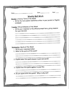 Preview of Weekly Bell Work Form to Accompany English Bell Ringers by Presto Plans