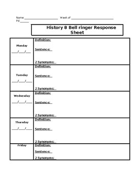 Daily/Weekly Bell ringer Template for Vocabulary Words or Warm ups