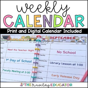 weekly calendar template editable by the traveling educator tpt