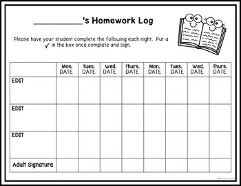 weekly homework log template