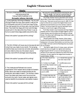 Preview of Weekly English Homework - Authors Purpose, Main Idea and Connotation.