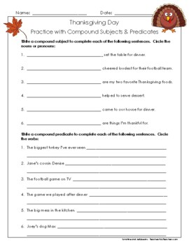 Preview of Compound Subjects & Predicates - Thanksgiving worksheet - Grades 4-5-6 - CCSS