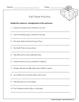 Preview of Past Tense Verbs - Practice Worksheet - Christmas theme - Grades 2-3 - CCSS