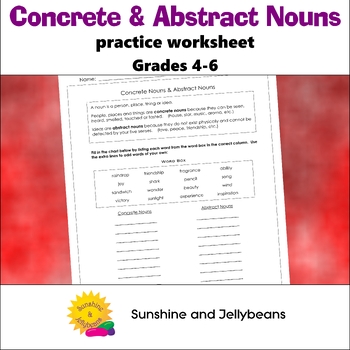 Preview of Concrete and Abstract Nouns - Grades 4-6 worksheet - ELA Grammar Writing no-prep