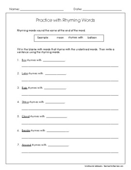 Practice with Rhyming Words - worksheet - Grades 2-3 - CCSS | TPT