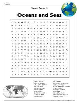 Preview of Word Search Puzzle - Oceans and Seas - Grades 3-5 - Fun Geography Activity!