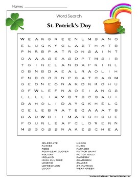 Preview of Word Search Puzzle - "St. Patrick's Day" - Grades 3-4 - Fun Holiday Activity!