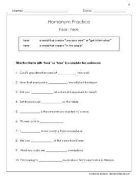 Preview of Homonyms - "here" & "hear" - Sound-Alike Words - worksheet - Grades 3-4