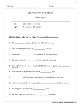 Preview of Homonyms - Using "ate" and "eight" - Sound-Alike Words - Grades 3-4