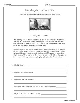Preview of Reading Comprehension / Reading for Info - Leaning Tower of Pisa - Grades 3-5