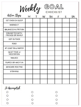 Preview of Weekly Goals Checklist- Editable