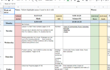 Preview of Weekly Google Sheets Lesson Plan Template