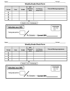 Preview of Weekly Grade Check Form and GPA Calculator (Study Hall or AVID)