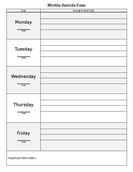Preview of Weekly Homework Agenda Page