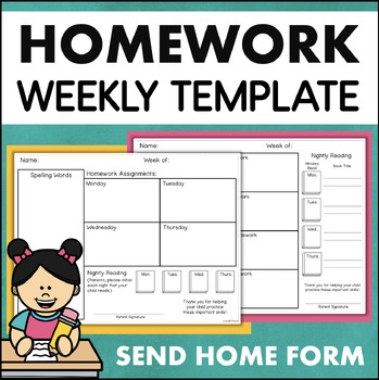 Preview of Weekly Homework Assignments Template Spelling Words List Reading Log