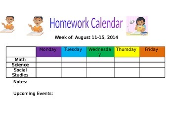 homework calendar tpt