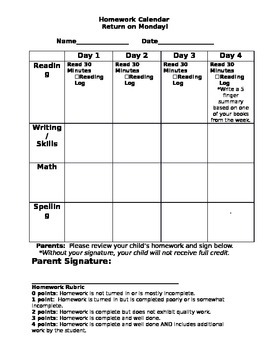 Weekly Homework Calendar by Classroom Resources by Mrs Damhof | TPT