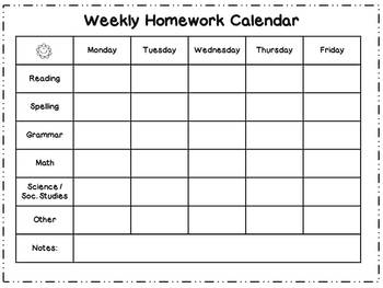 Weekly Homework Calendar/Tracker by Mrs Johnstons Class | TpT