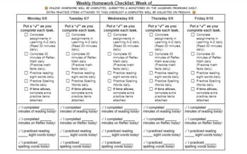 Preview of Weekly Homework Checklist Template