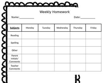 weekly homework log