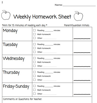 weekly homework sheet 2nd grade