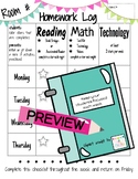 Weekly Homework Log including READING, MATH & TECHNOLOGY
