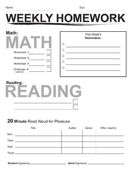 Preview of Weekly Homework Packet Cover Page Template Reading Log Assignment Reminders
