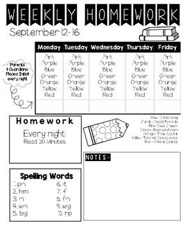Preview of Weekly Homework Packet Cover Sheet