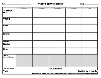 Preview of Weekly Homework Planner 2