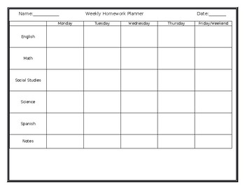 Preview of Weekly Homework Planner