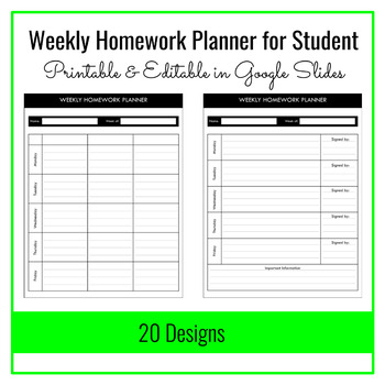 Preview of Weekly Homework Planner for Student, Editable Google Slides