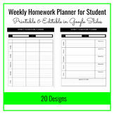 Weekly Homework Planner for Student, Editable Google Slides