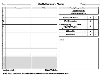 Preview of Weekly Homework Planner with Weekly Progress Report 3