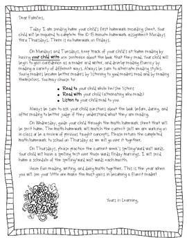 Preview of Weekly Homework Recording Sheet: A Parent Letter