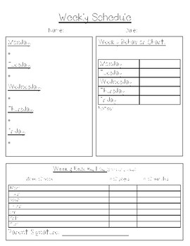 Preview of Weekly Homework Schedule with Behavior Chart and Reading Log