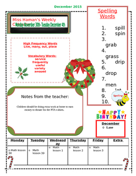 Preview of December Weekly Homework Sheet