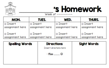 weekly homework worksheet
