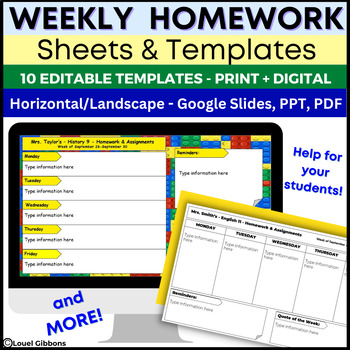 Preview of Weekly Homework Template, Sheet, Printable, Digital, Editable, Google, PPT, PDF