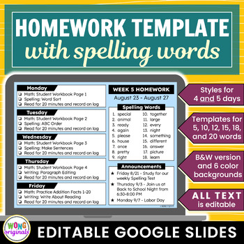 Preview of Weekly Homework Template with Spelling Words - Google Slides | EDITABLE