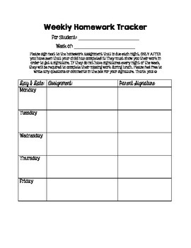 Preview of Weekly Homework Tracker with Parent Signature