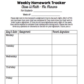 Preview of Weekly Homework Tracker with Parent Signature *EDITABLE*